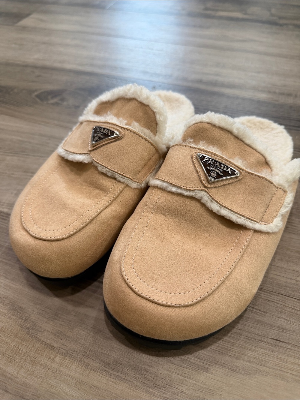 Designer Inspired Shearling Lined Suede Mule Clogs Camel Beige EU 39